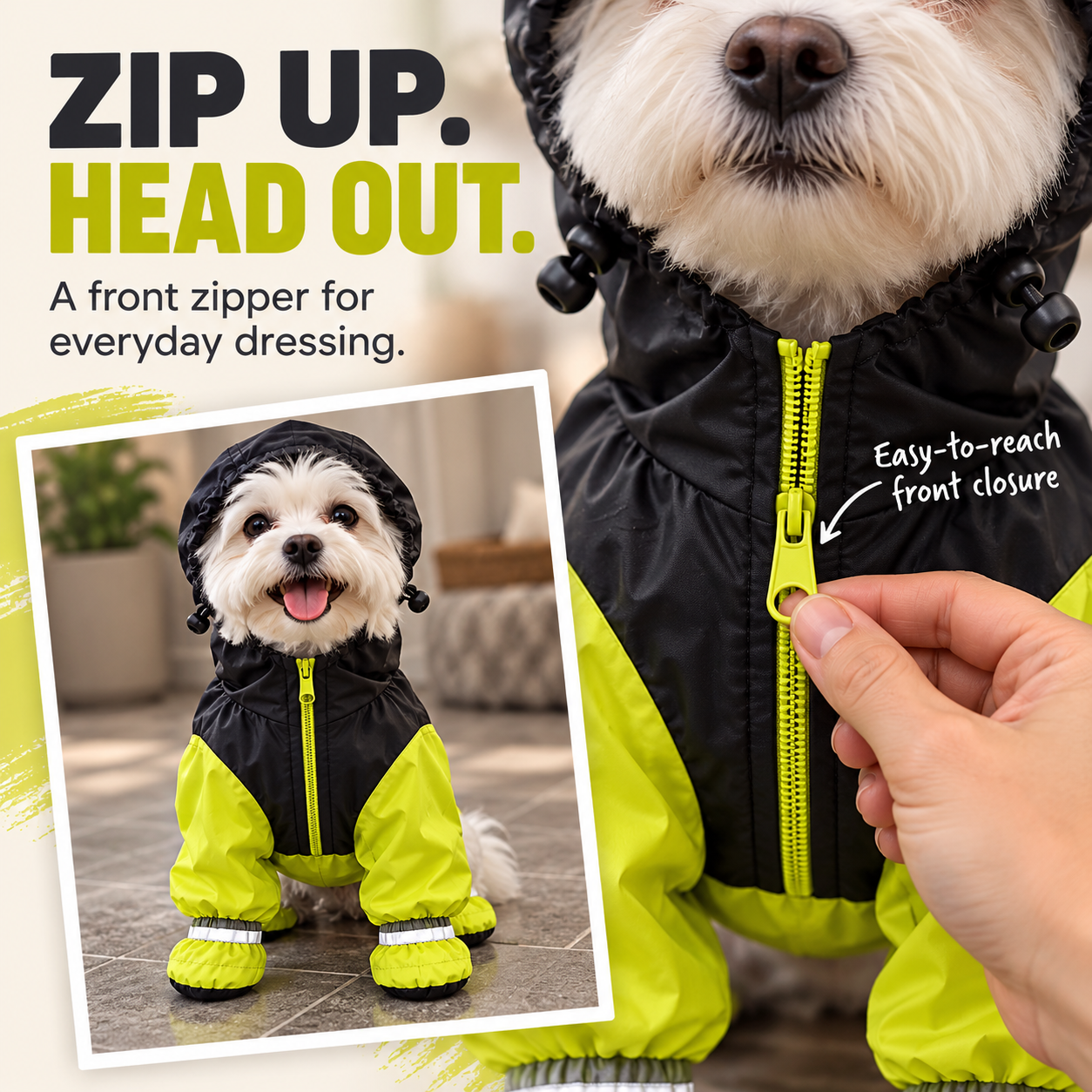 Close-up showing the bright front zipper and dog raincoat closure