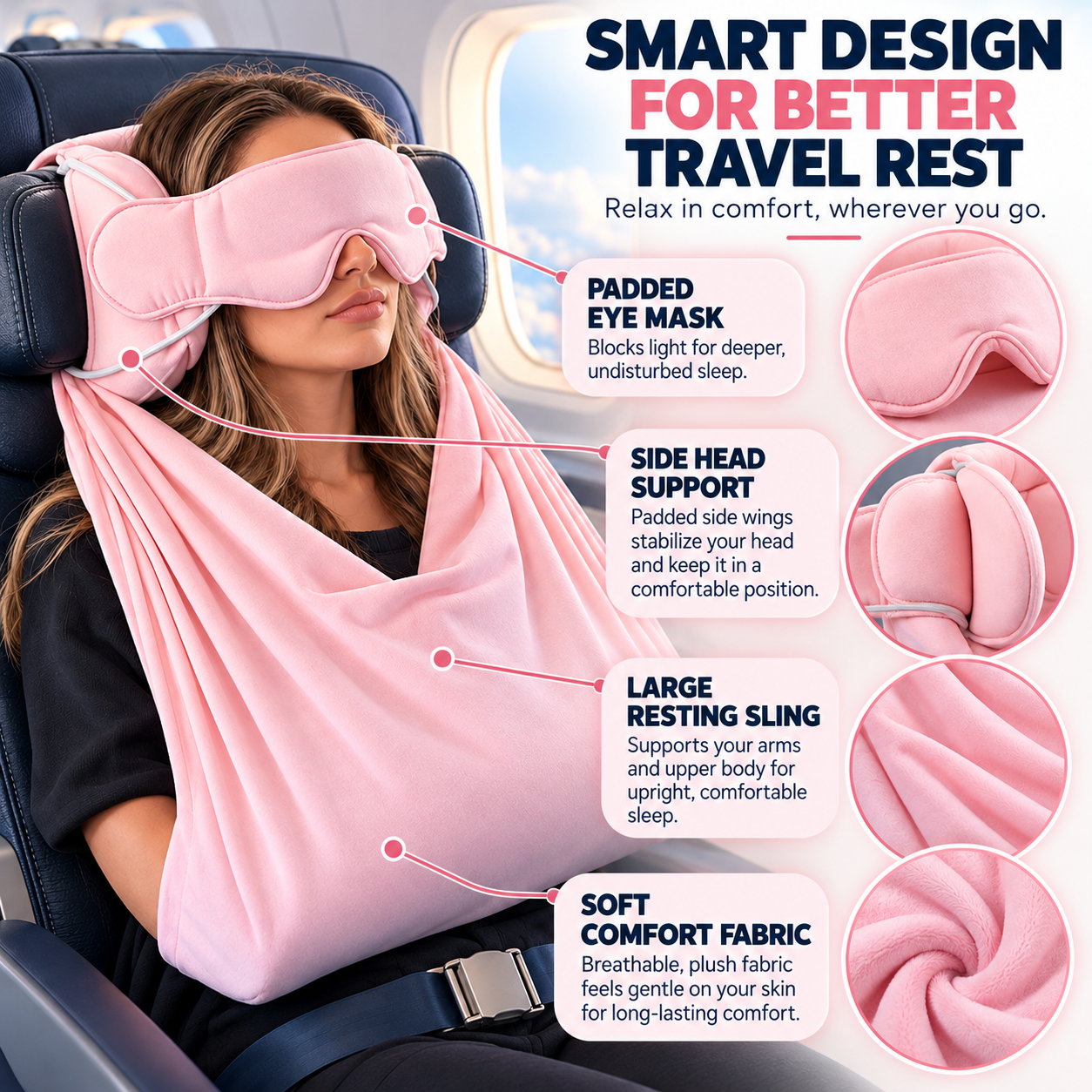 Traveler wearing the pink travel comfort hood during a flight