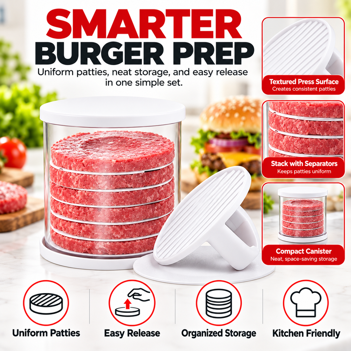 🍔 PattyPro™ Burger Press & Storage Set – Perfect Patties, Ready to Stack