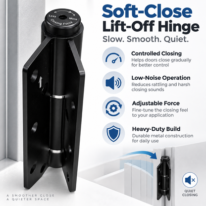 Adjustable Self-Closing Door Hinge – Heavy-Duty Lift-Off Hinge with Quiet Smooth Rotation, Adjustable Closing Force & Durable Black Finish