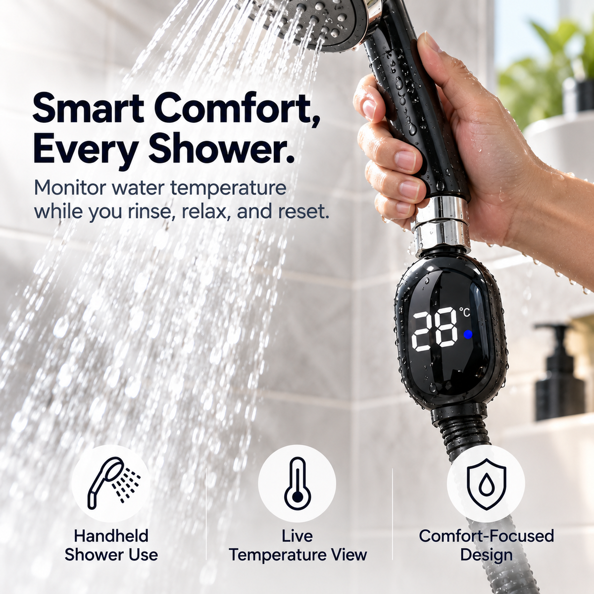 Digital Shower Thermometer with LED Display, Real-Time Water Temperature Monitor, Easy-Install Waterproof Shower Temperature Gauge for Bathroom