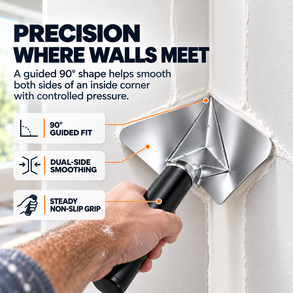 Drywall corner trowel smoothing both sides of a 90 degree inside corner