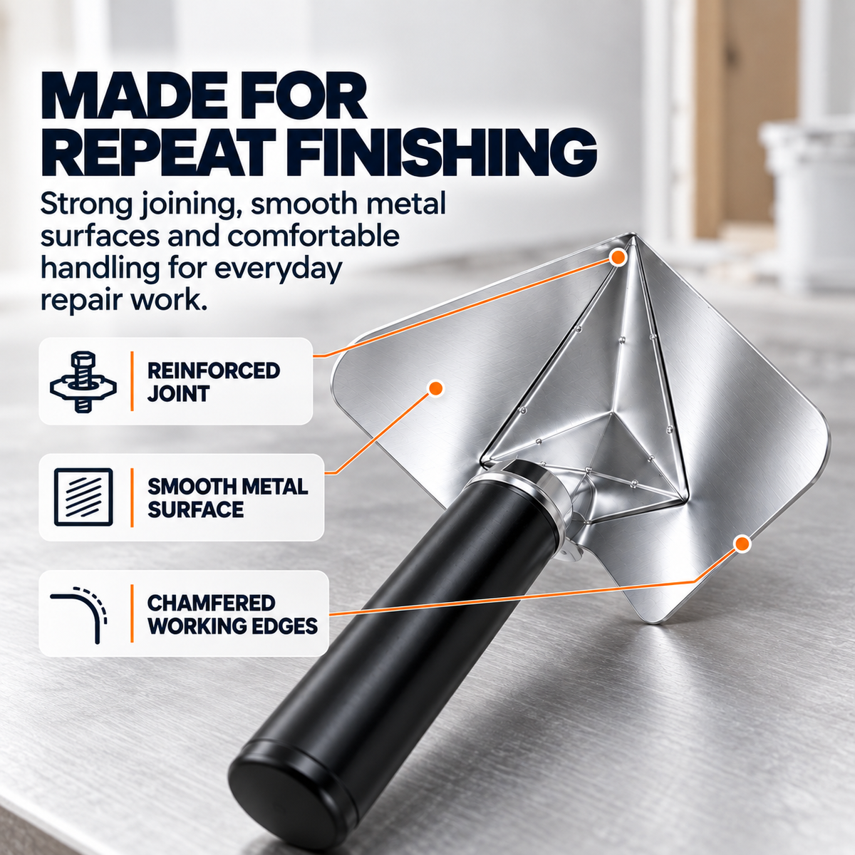 Drywall corner finishing trowel showing reinforced joint smooth metal surfaces and chamfered working edges