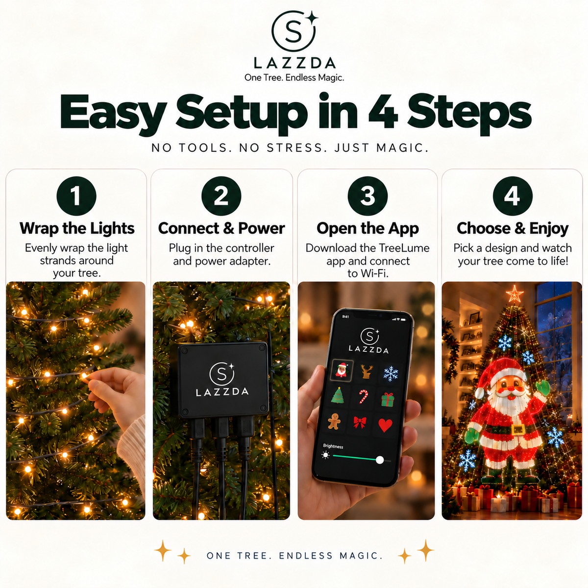 Four step setup guide for smart animated Christmas tree lights