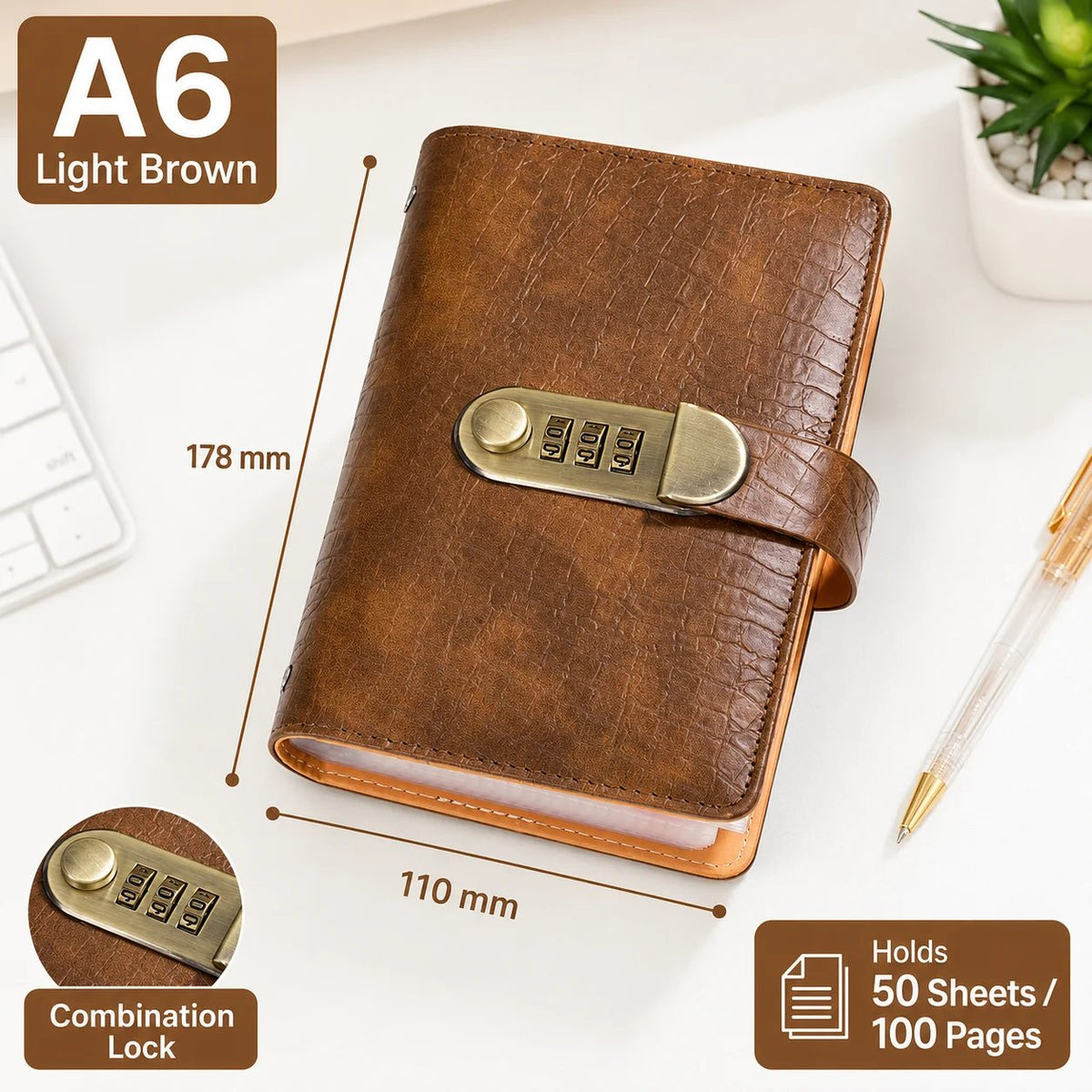 Lockable A6 Budget Binder with 3-Digit Combination Lock – PU Leather Money Saving Organizer & Secret Journal