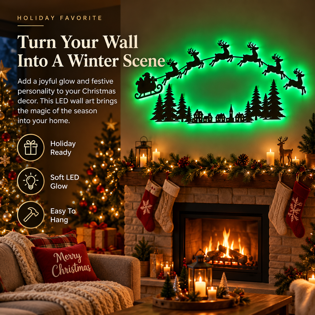 LED Christmas Wall Decor with Santa Sleigh & Reindeer, Green Glowing Holiday Wall Light, Festive Wall Hanging Decoration for Living Room, Bedroom, Fireplace & Seasonal Home Decor