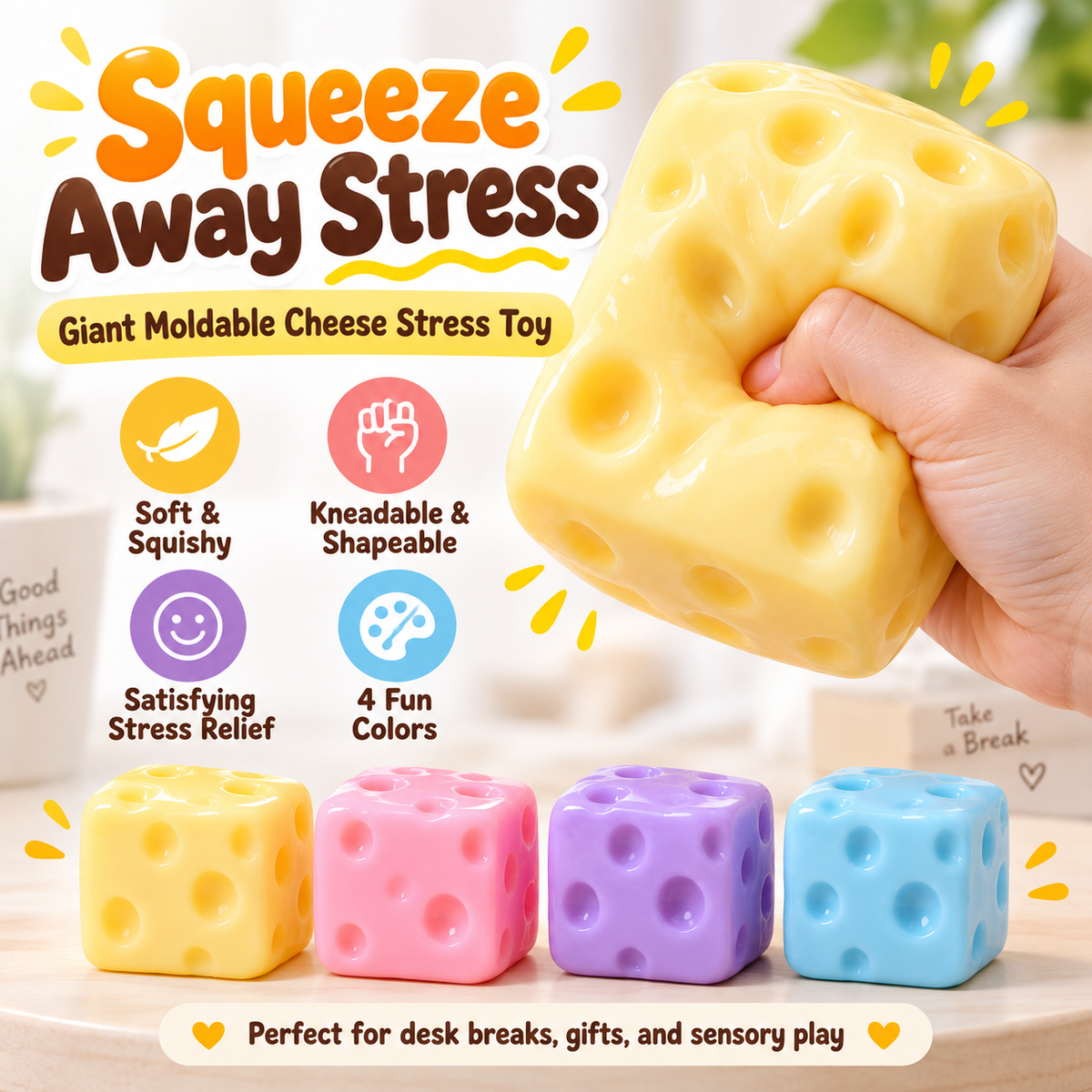 Squishy Cheese Stress Toy – Giant Moldable Cheese Fidget Toy for Stress Relief, Sensory Play & Desk Fun ⭐⭐⭐⭐⭐