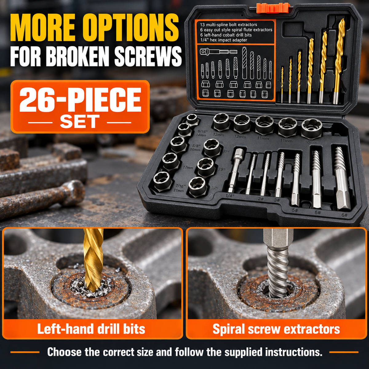 26-piece extraction tool kit with extractor sockets, spiral extractors, and left-hand drill bits