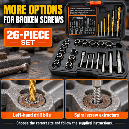 🔧 BoltBreaker™ Extraction Tool Set – 26-Piece Stuck Bolt & Screw Remover