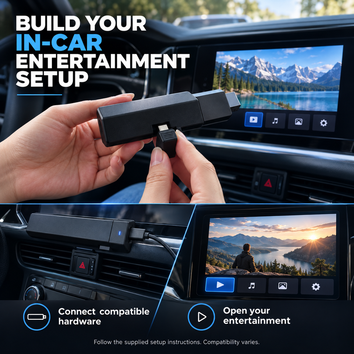 StreamDrive adapter and connection cable being positioned for an in-car display entertainment setup
