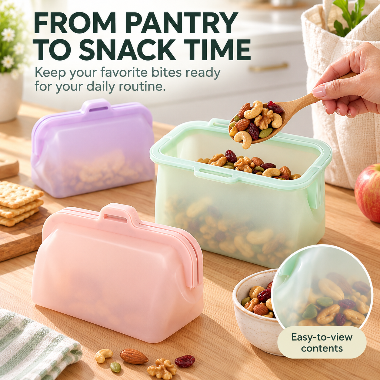 Mixed nuts being served from a reusable pouch into a bowl on a kitchen counter