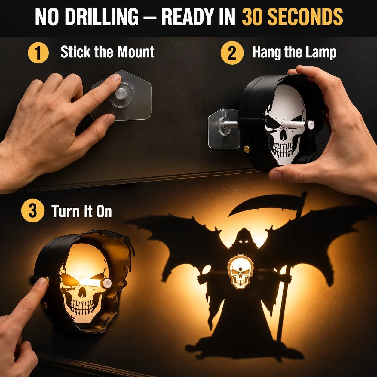 Illustrated adhesive mount installation and placement of the skull wall light