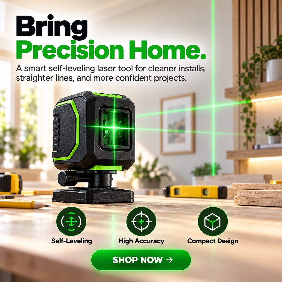 Cross-line self-leveling laser level displayed in a home workshop with green reference lines
