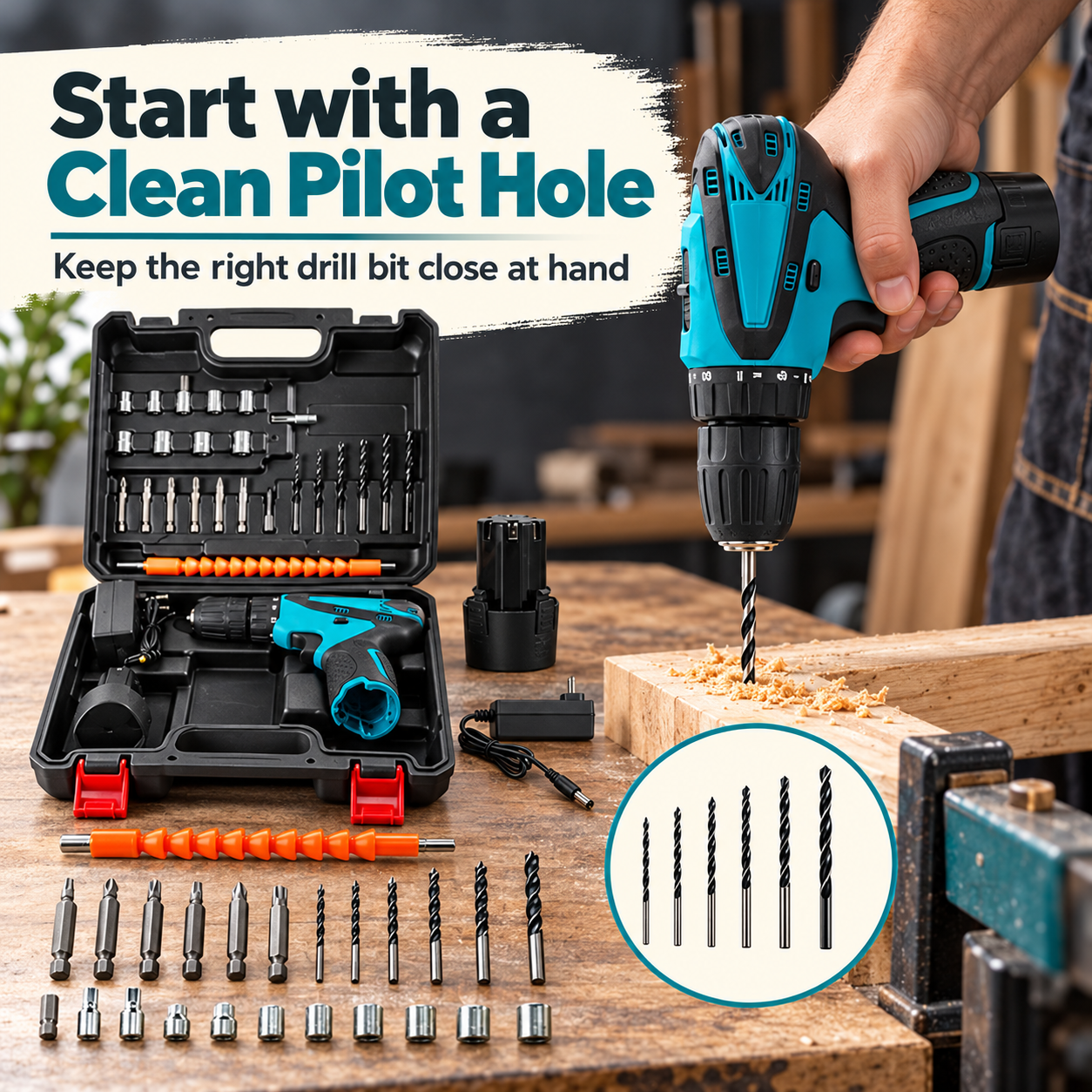 Drill driver and drill bits for suitable woodworking tasks