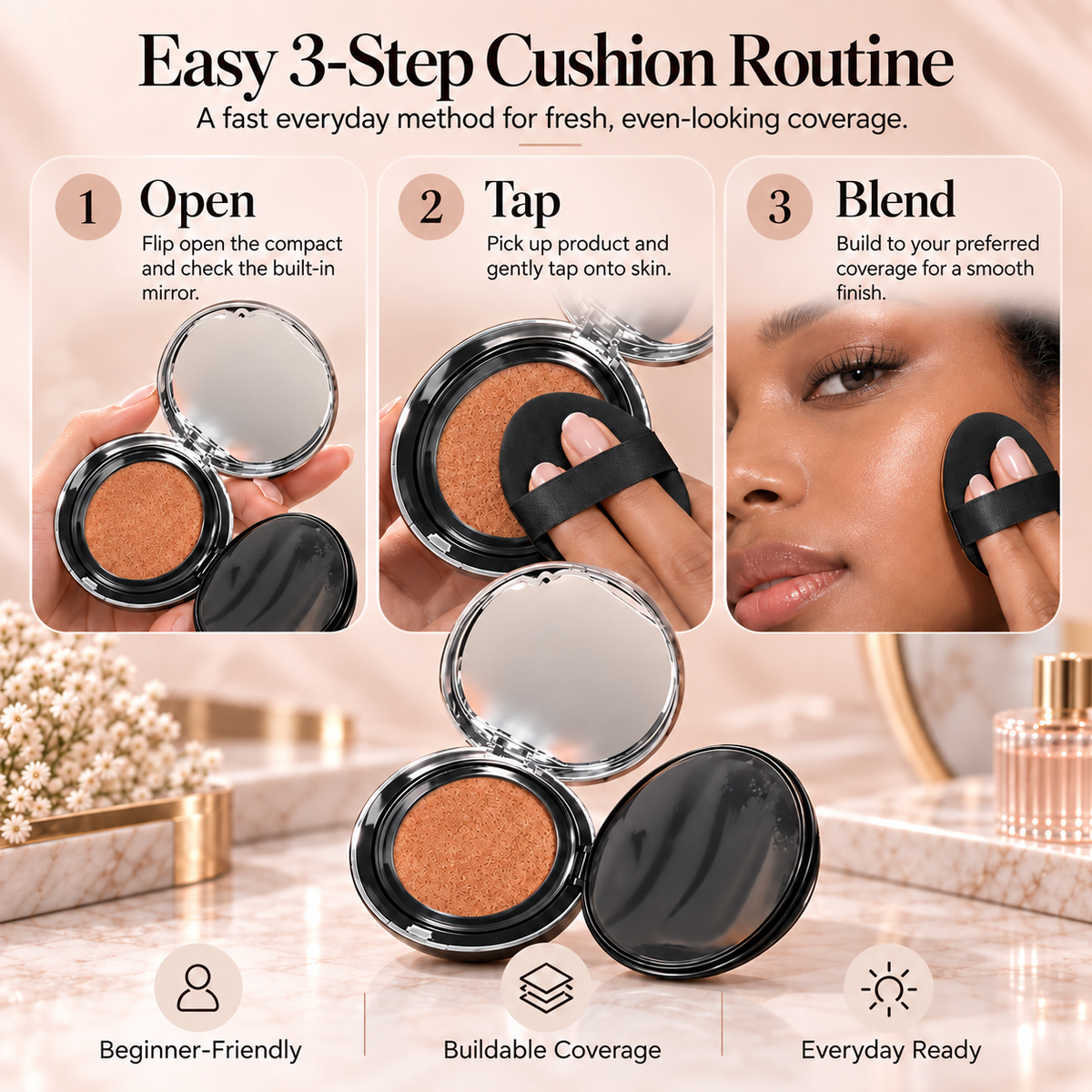 Three step FlawlessAir cushion routine showing open tap and blend