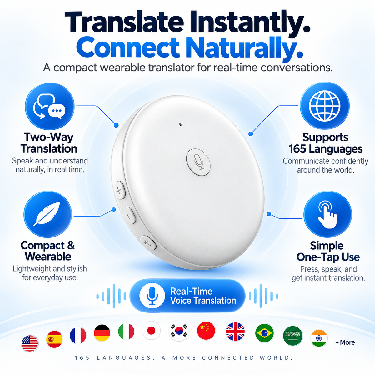 Portable AI Language Translator – 165-Language Two-Way Voice Translator & Speaking Practice Companion