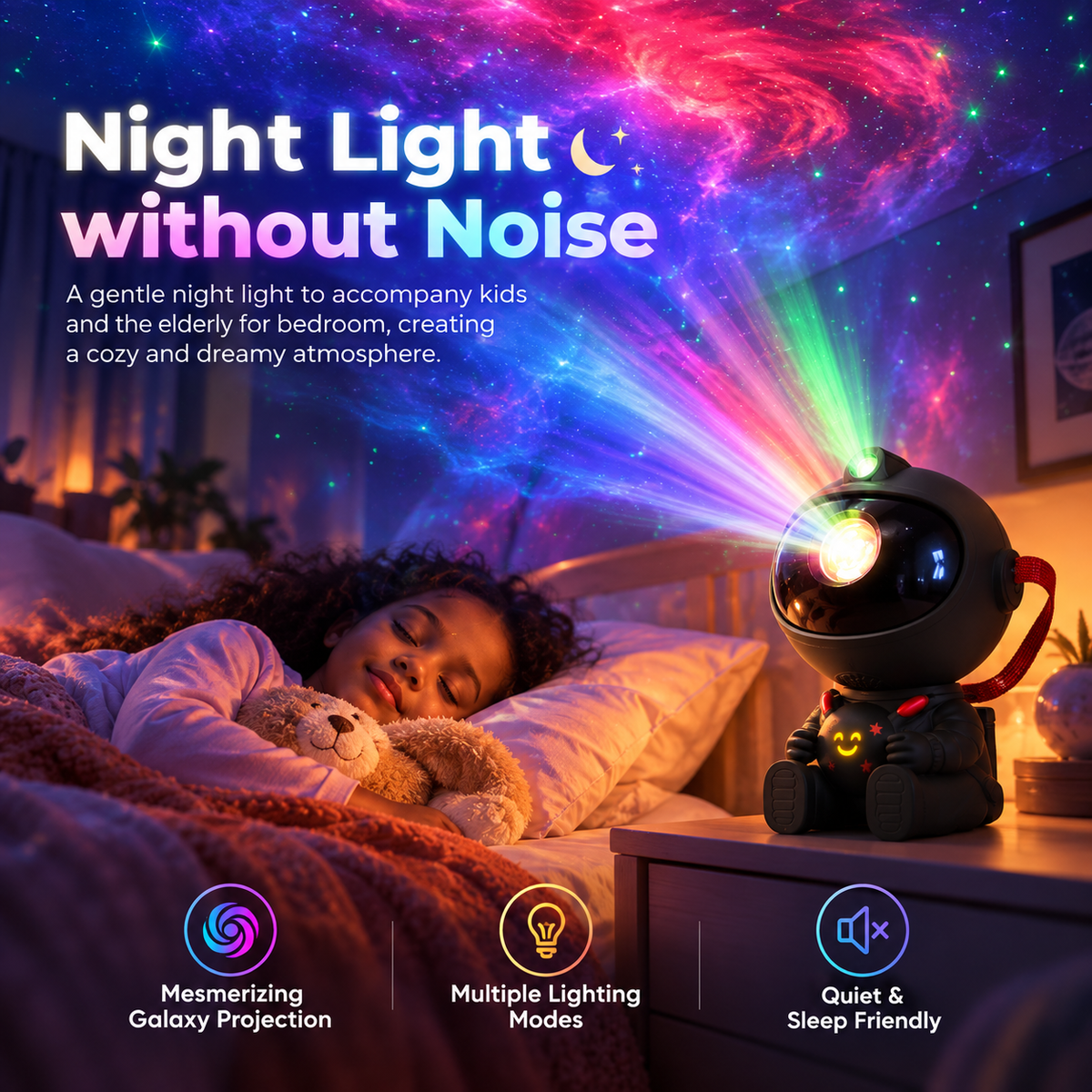 Astronaut galaxy projector used as colorful bedroom night light