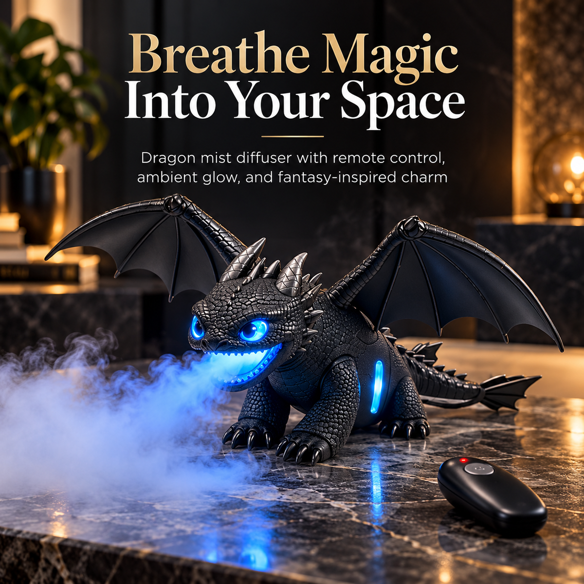 Winged dragon-shaped mist humidifier with blue illuminated vapor and a handheld remote