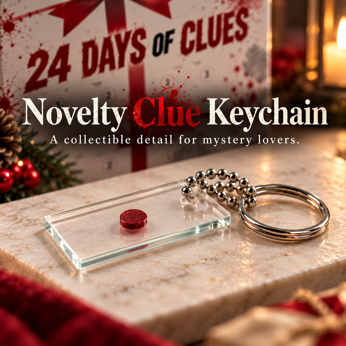 Close-up of novelty forensic clue keychain featuring a clear rectangular pendant, red detail, silver ball chain and key ring