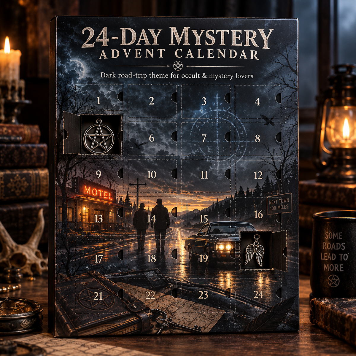 24-Day Mystery Advent Calendar, Collectible Metal Charm Countdown Box with Daily Surprise Keepsakes, Dark Gothic Road Trip Theme Christmas Gift for Mystery & Occult Lovers
