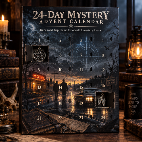 24-Day Mystery Advent Calendar, Collectible Metal Charm Countdown Box with Daily Surprise Keepsakes, Dark Gothic Road Trip Theme Christmas Gift for Mystery & Occult Lovers
