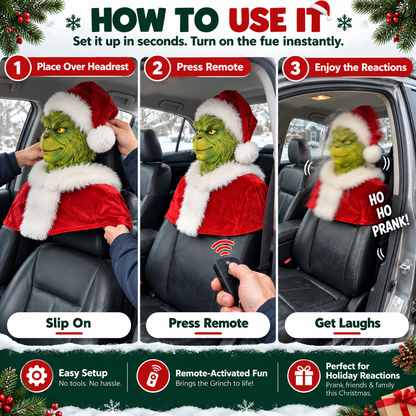 🚗 GrinchRide™ Remote-Controlled Christmas Car Prank – Animated Headrest Holiday Decoration