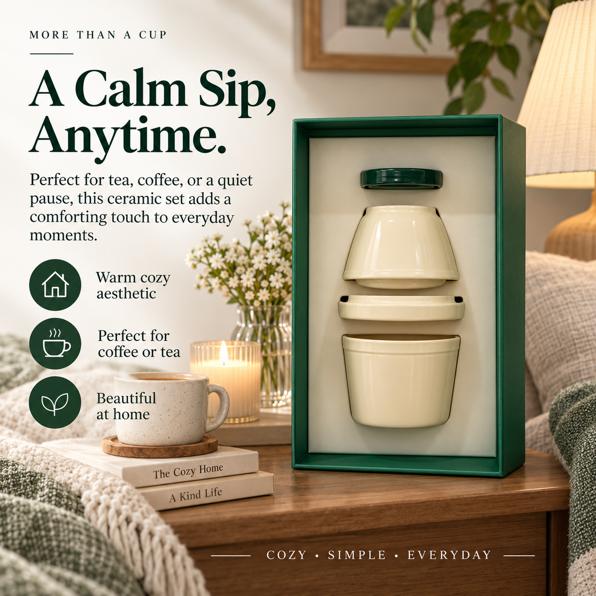 Ceramic coffee and tea cup set styled in a cozy home