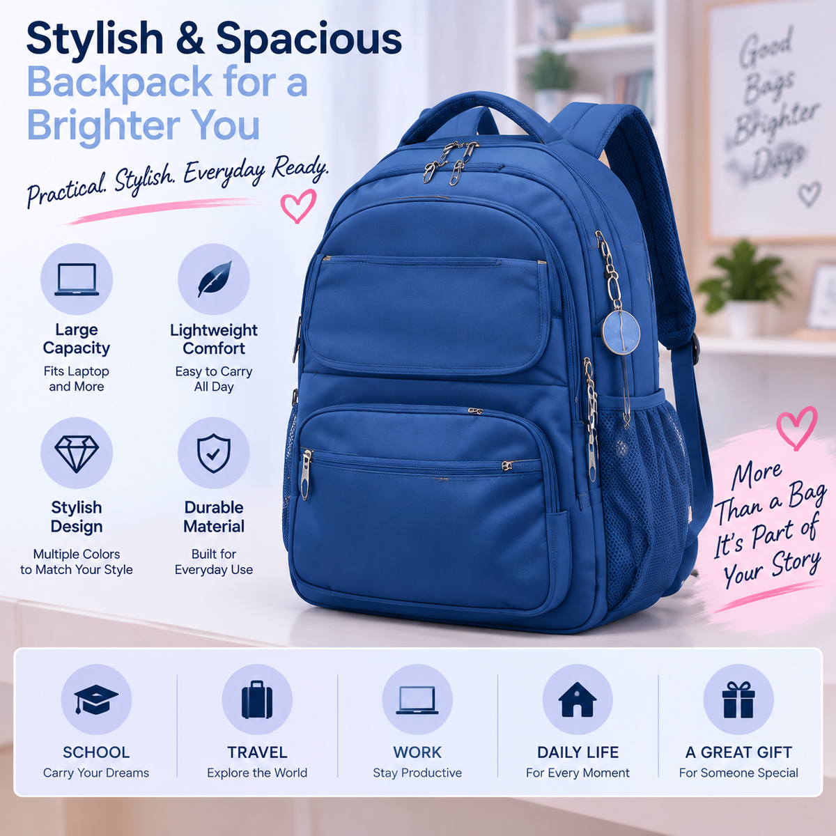 🎒 CarryEase™ Everyday Backpack – Lightweight & Roomy Multi-Pocket Bag for School, Travel & Daily Life