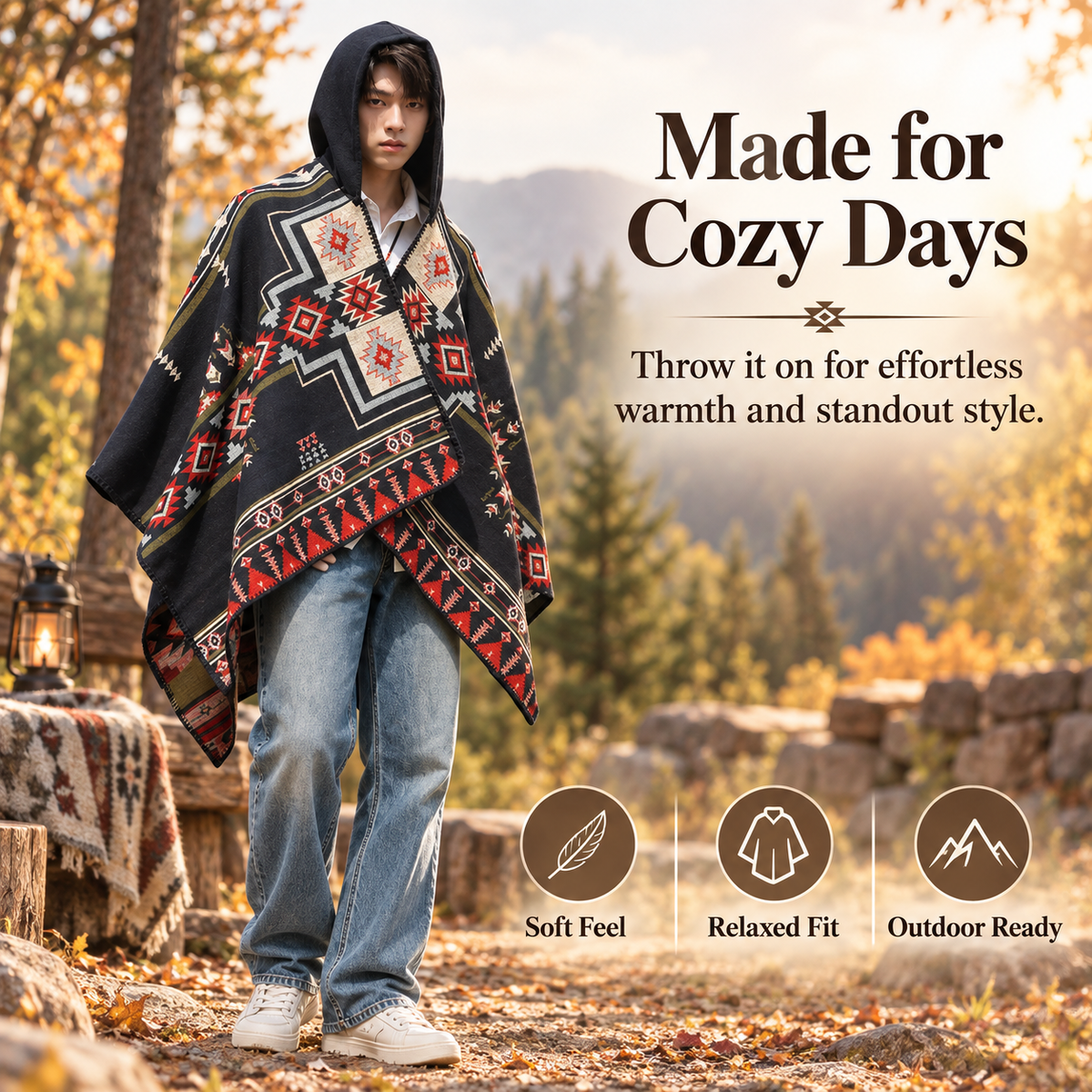 Hooded Boho Poncho Cape, Ethnic Geometric Print Oversized Shawl Wrap, Soft Relaxed Fit Cloak for Fall Winter, Casual Outdoor & Festival Wear