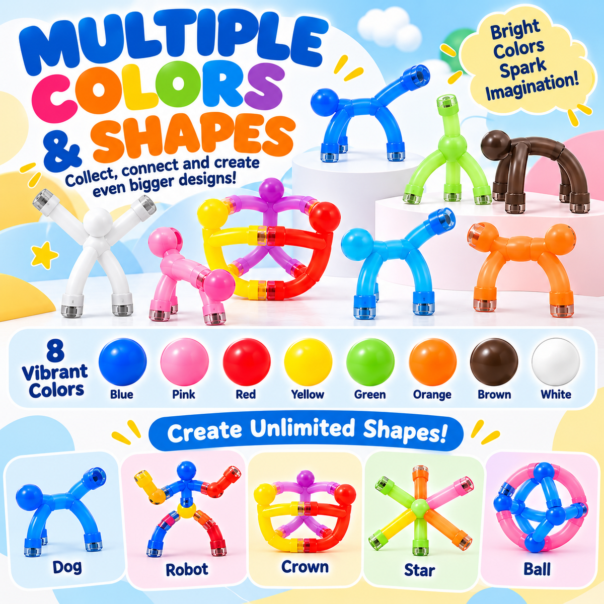 Colorful flexible magnetic figures and illustration of eight product colors