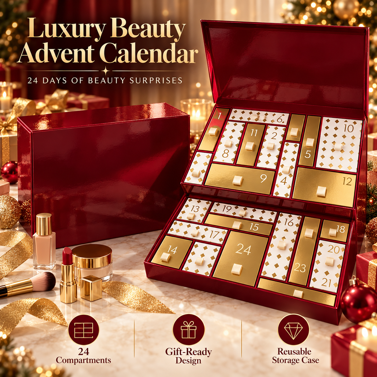 💄 LuxeVault™ 24-Day Beauty Advent Calendar – Luxury Countdown Gift Box with Reusable Storage Case