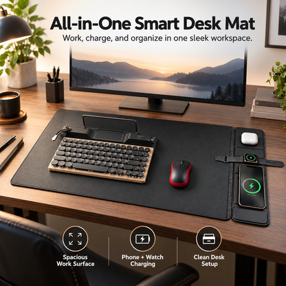 All-in-One Smart Desk Mat with Wireless Charging, Large Office Desk Pad with Phone, Watch & Earbud Charging Area, Multifunctional Workspace Organizer for Home Office & Gaming Desk