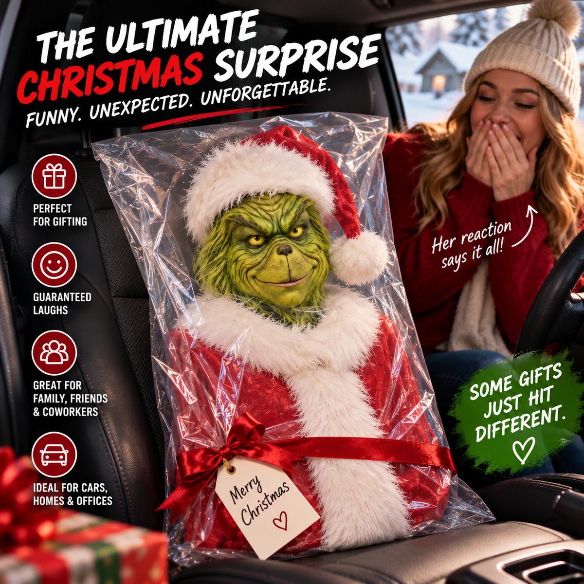 🚗 GrinchRide™ Remote-Controlled Christmas Car Prank – Animated Headrest Holiday Decoration