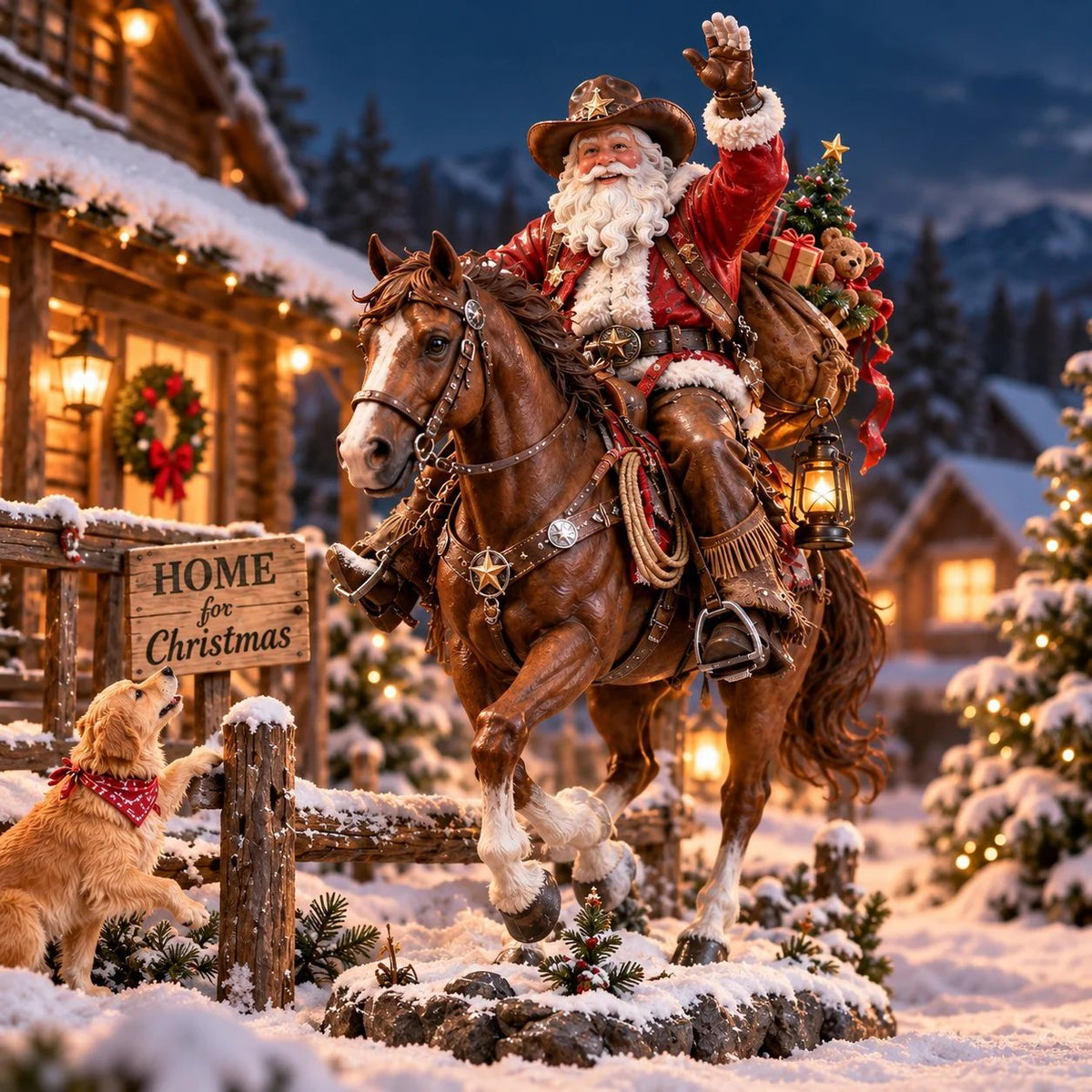 Western Cowboy Santa riding a horse in a Christmas setting
