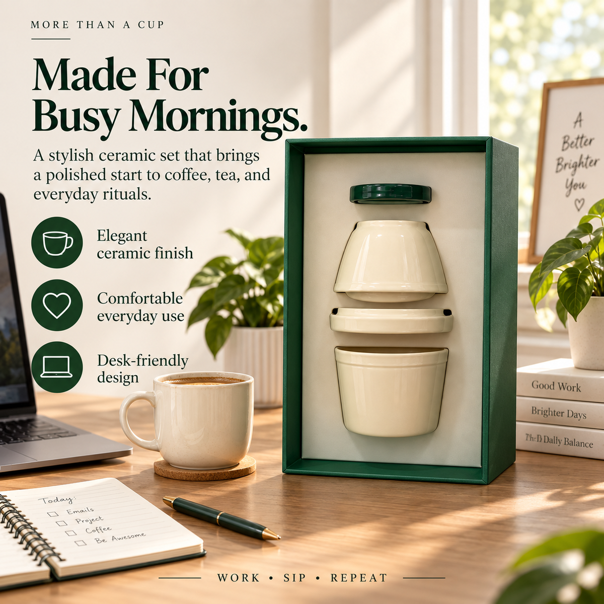 Elegant ceramic cup set for morning coffee at a home office desk