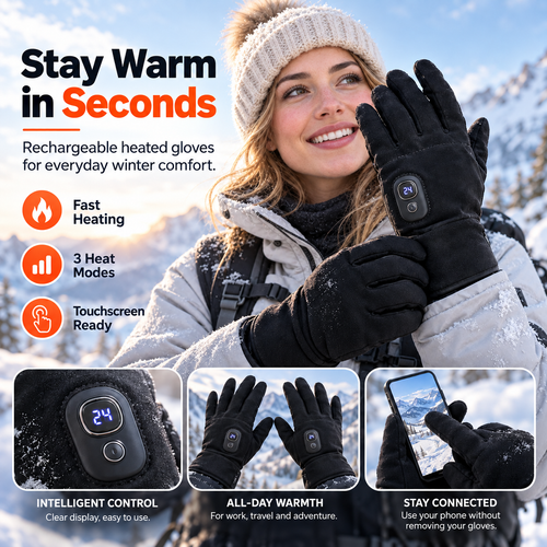 🔥 HeatCore™ Rechargeable Heated Gloves – 3-Mode Smart Heating & Touchscreen Winter Gloves