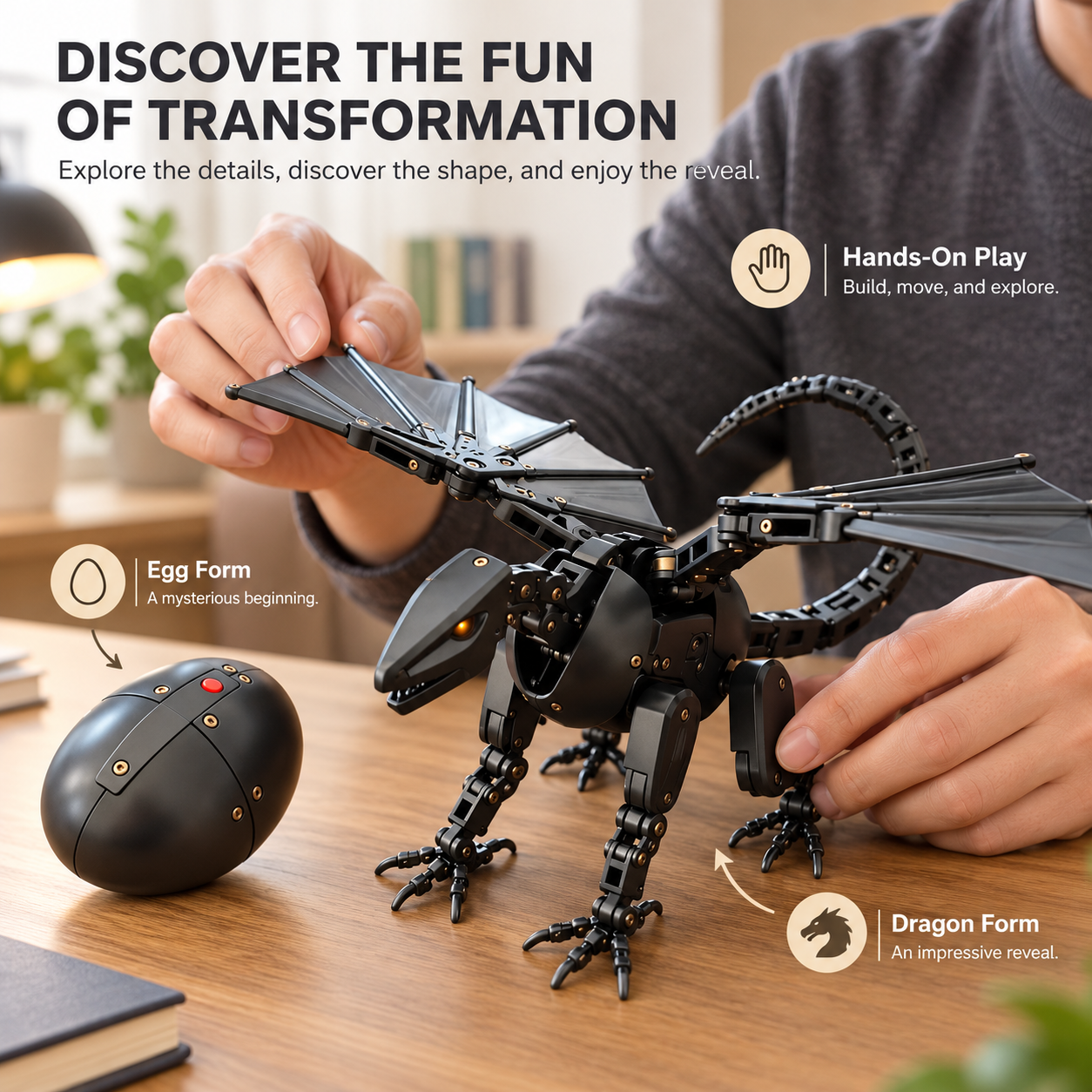 A person exploring the mechanical dragon figure at a tabletop
