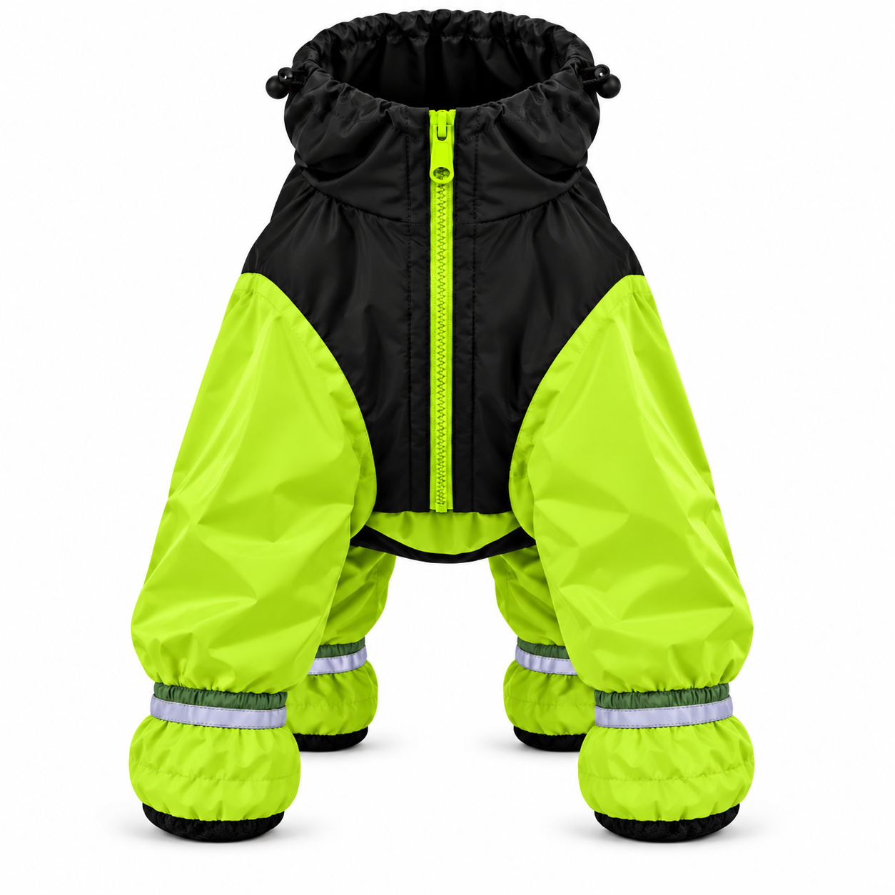 Black and lime green hooded four-leg dog raincoat
