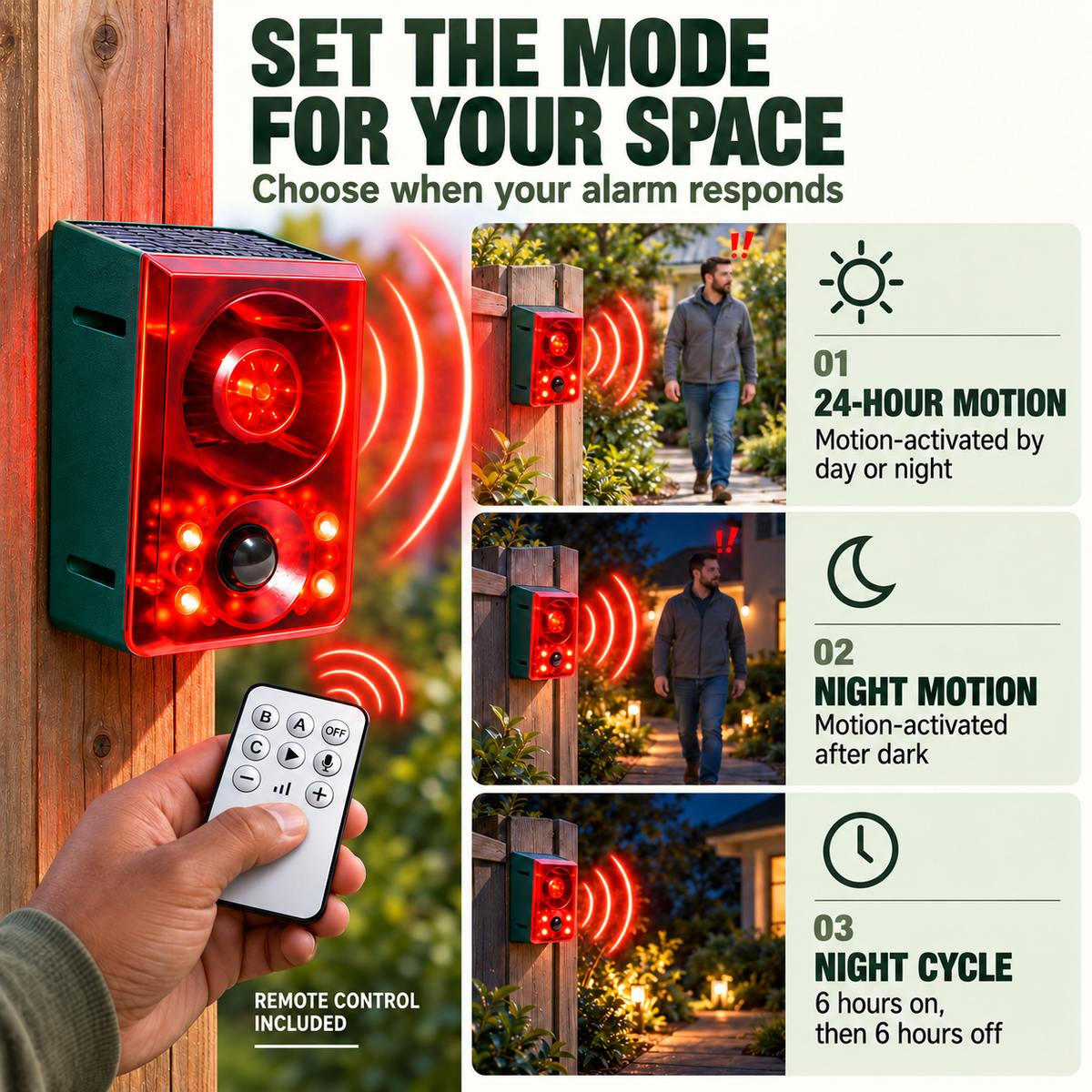 🚨Solar Outdoor Motion Sensor Alarm - Dog Barking & Gunshot Sound, Support Recording and Volume Adjustment, 130dB Noise with Flashing Light to Deter Raccoon, Deer, Skunk, Bear, Coyote