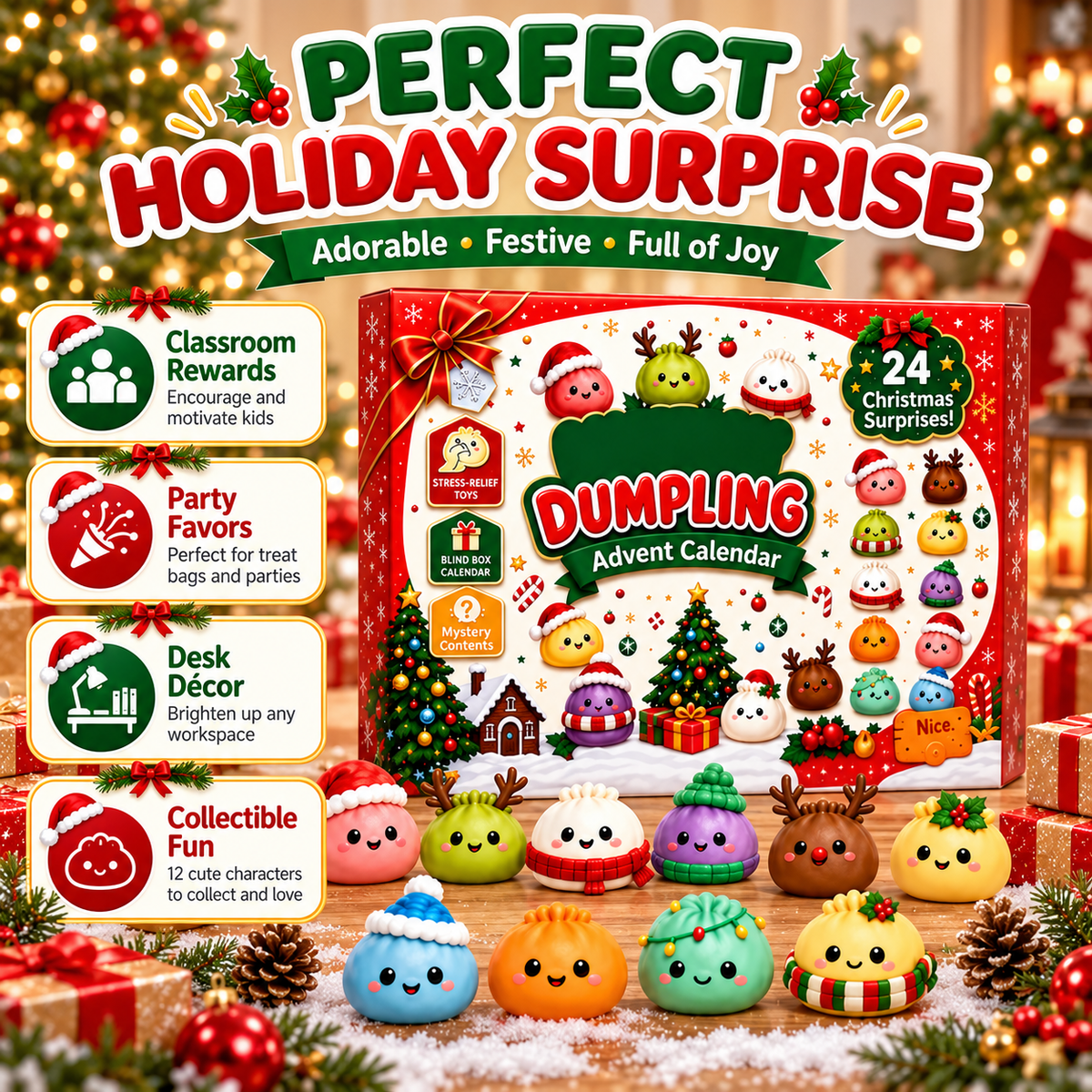 2026 Dumpling Squishy Advent Calendar - Indoor Recreation Stress Relief Toy, 24 Surprise Kawaii Mini Food Squishy Figures, Cute Christmas Countdown Holiday Gift