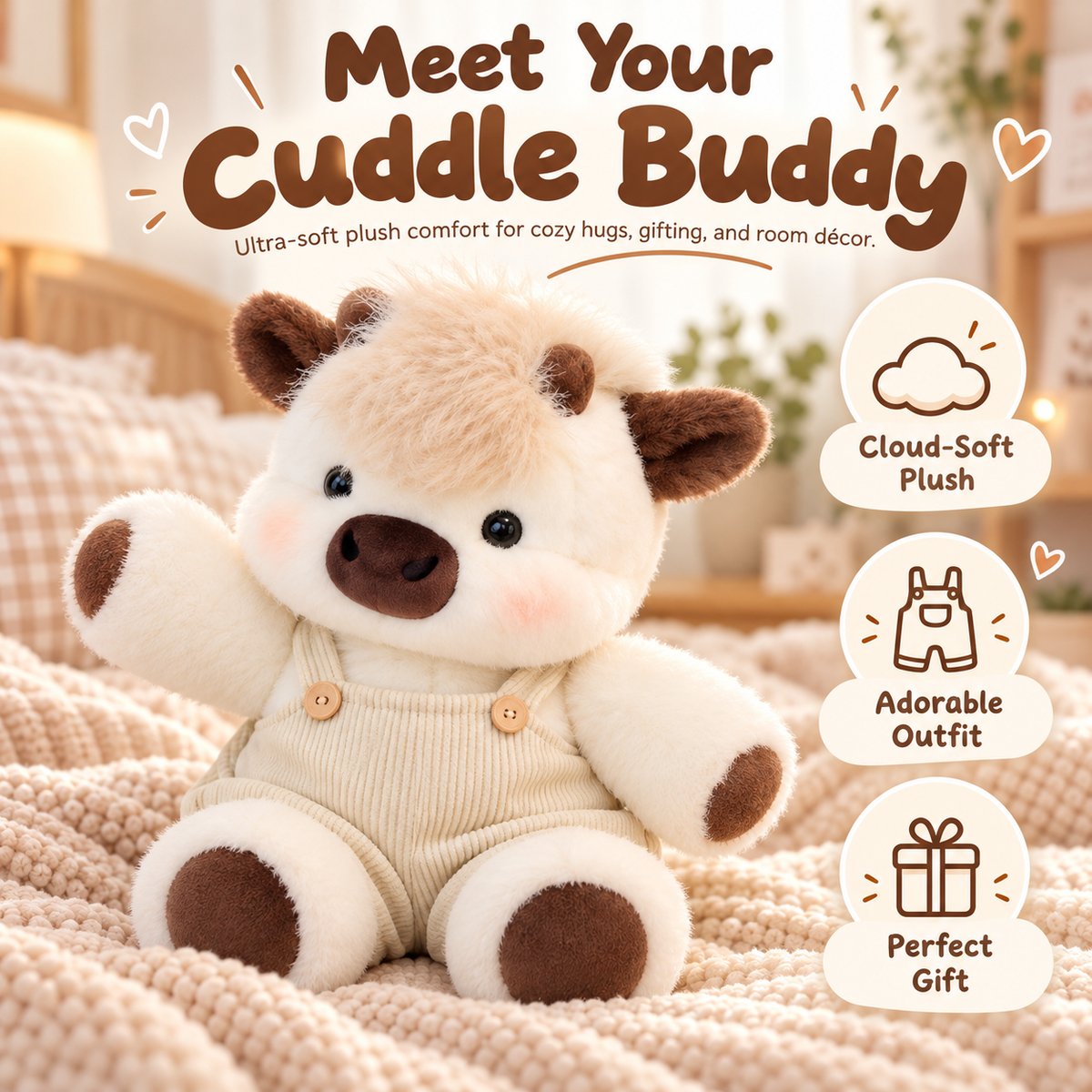 Adorable cream-colored fluffy cow plush toy with brown ears, rosy cheeks, dark brown nose and a cozy beige overall outfit