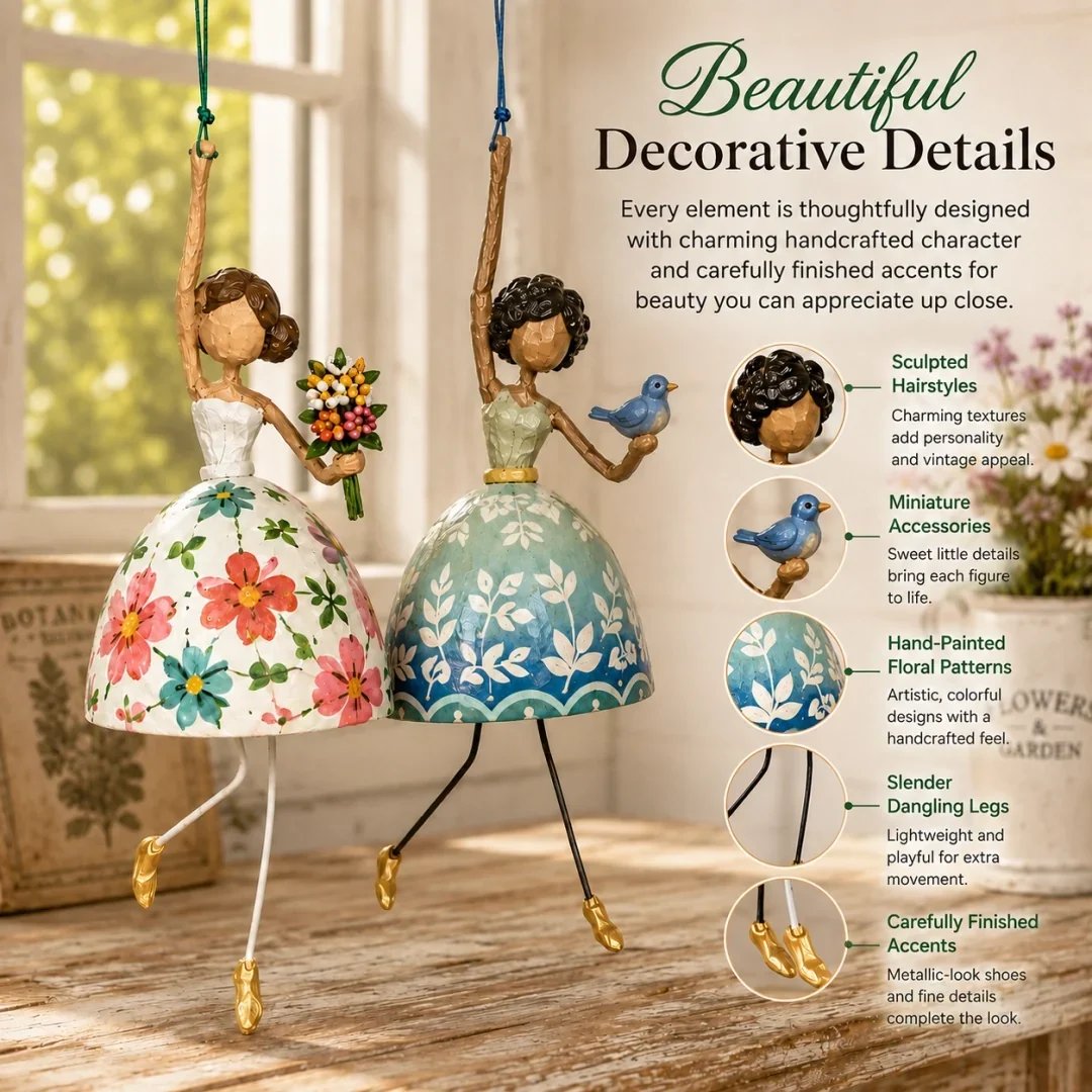 Close-up decorative details of floral and bluebird hanging lady ornaments