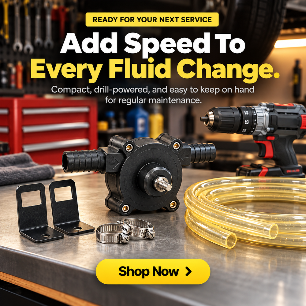 Transfer pump with mounting brackets and clamps on a workshop bench beside a drill and coiled hose