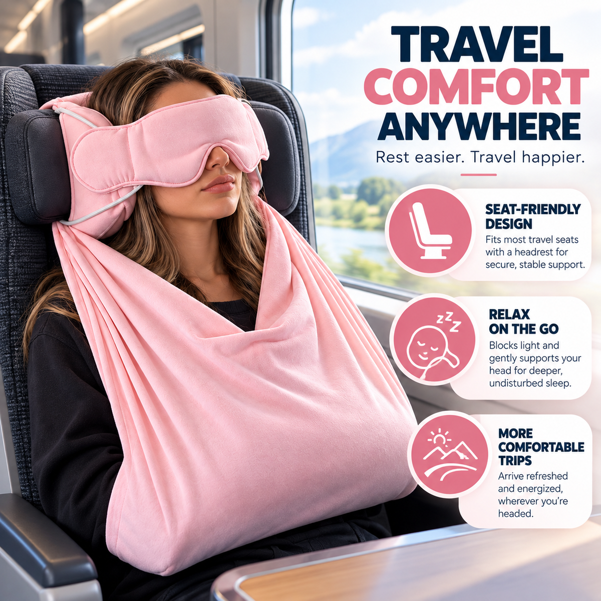 Travel Comfort Sleep Mask – 3-in-1 Airplane Sleeping Hood with Head Support & Light Blocking Eye Mask