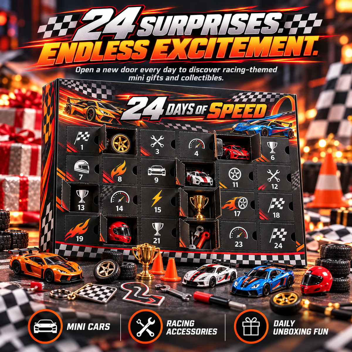 RaceRush advent calendar with mini cars and racing accessories