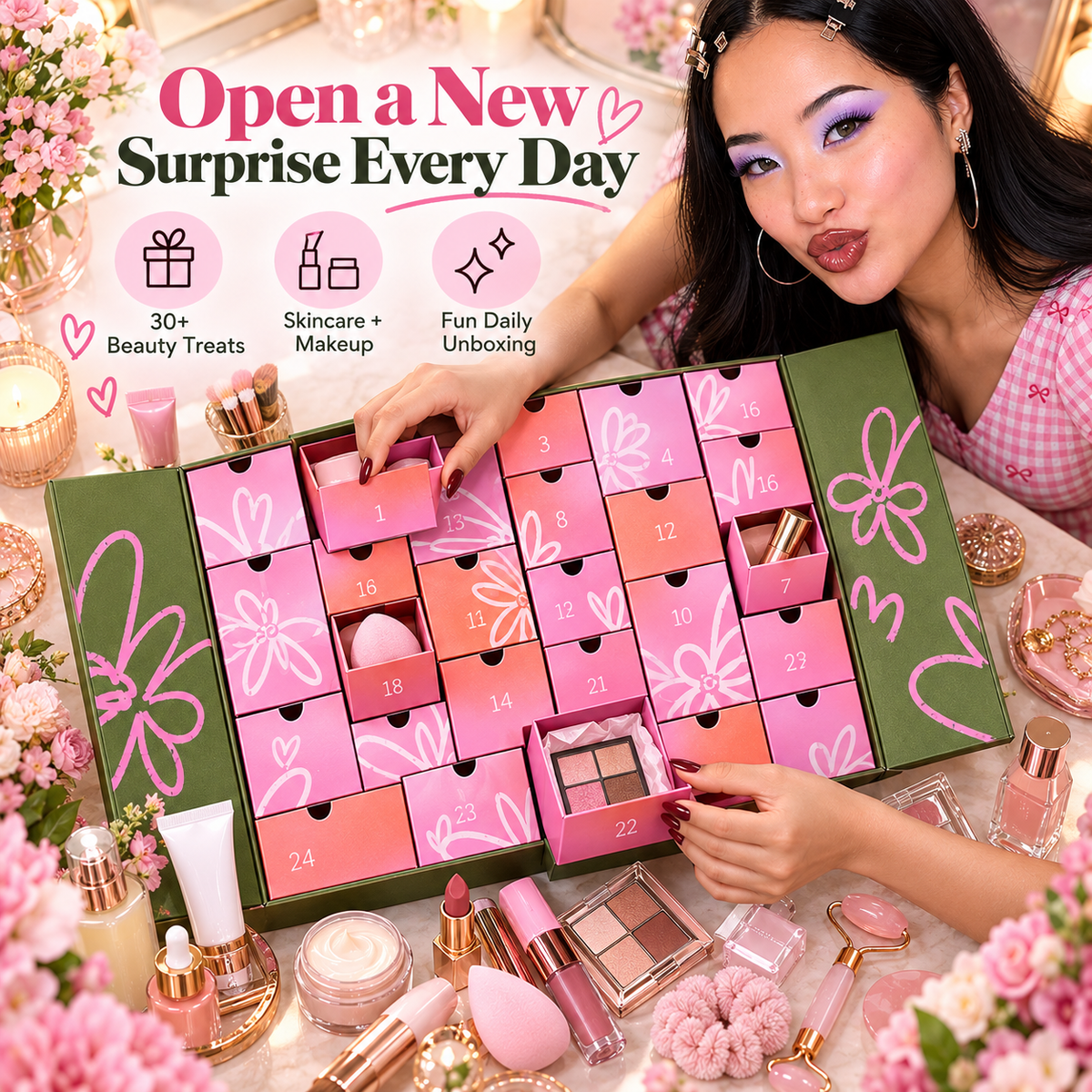 Woman opening pink numbered beauty advent calendar drawers with holiday makeup and skincare products arranged on a festive vanity