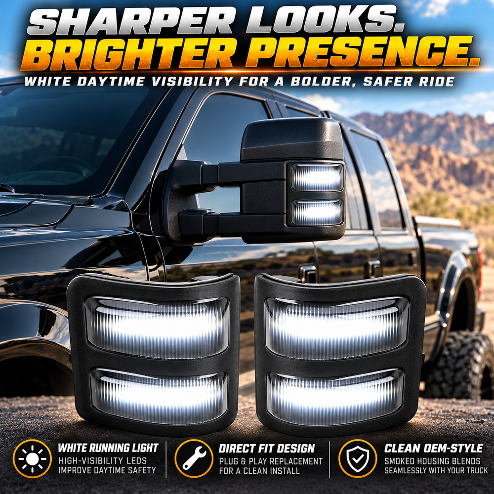 White mirror-light illumination shown on a pickup and on the replacement light assemblies