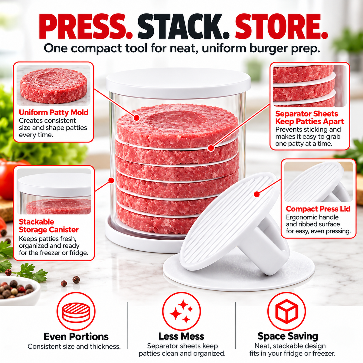 🍔 PattyPro™ Burger Press & Storage Set – Perfect Patties, Ready to Stack