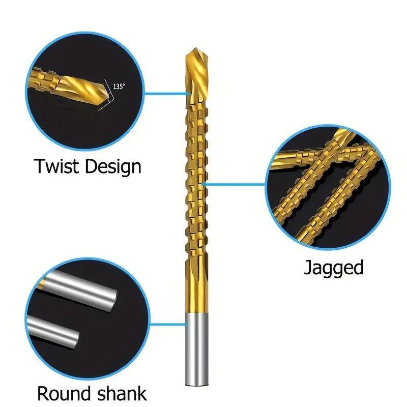 Drill bit construction showing twist design jagged flute section and round shank