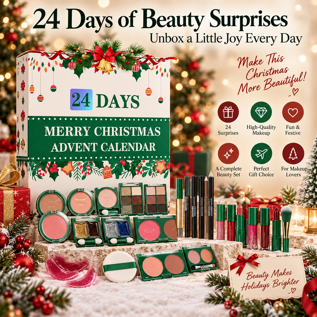 24 days of beauty surprises Christmas makeup advent calendar with assorted cosmetics